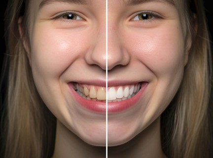 Young adult girl showing her beautiful before and after teeth whitening smile