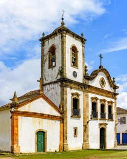 Facade of famous historic church in the ancient city of Paraty on the south coast of Rio de Janeiro