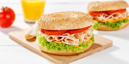 Bagel sandwich for breakfast topped with chicken ham Panorama in Stuttgart