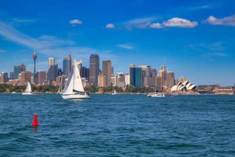 Sailboat in front of Sydney Opera House