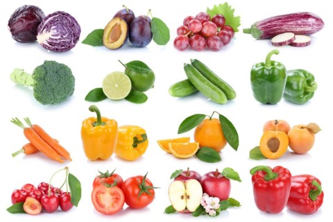 Fruit and vegetables fresh fruit collage with apple orange tomato lettuce cut-out isolated in Stuttgart