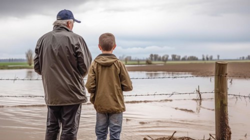 Distressed farming father and son look over their flooded farmland