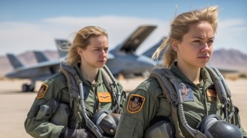 Two proud young adult female air force fighter pilots in front of their F-16 combat aircraft on the tarmac