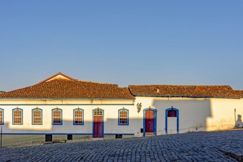 Facade of old house in colonial style architecture in the city of Ouro Preto