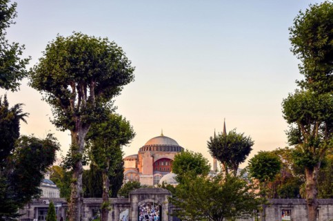 Exterior view of the facade and entrance of the Basilica of Santa Sophia in Istanbul