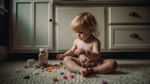 A young toddler has found some prescription pills at home