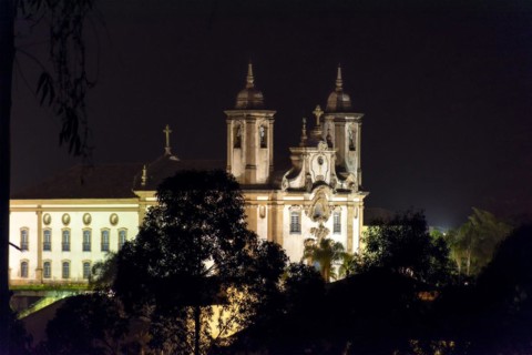 Night view of old catholic church of the 18th century located in the center of the famous and historical city of Ouro Preto in Minas Gerais
