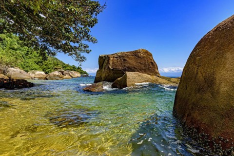 Paradisiacal beach of green and transparent waters surrounded by the forest in Ilha Grande