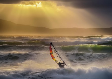 Windsurfer in stormy sea and wind