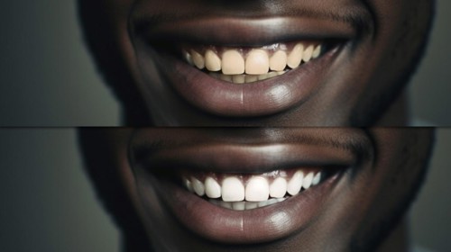 Young adult african american man showing his beautiful before and after teeth whitening smile