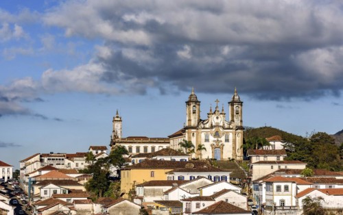 Famous baroque churches with their towers among old houses in the city3 of Ouro Preto in Minas Geais