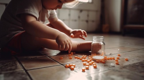 A young toddler has found some prescription pills at home