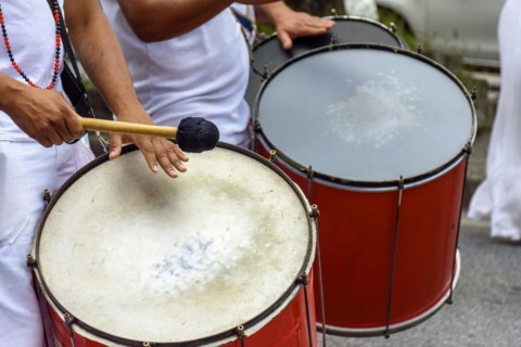 Drums being played in the streets of the city of Belo Horizonte during a samba performance at the Brazilian street carnival