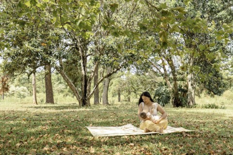 General shot of a mother breastfeeding her baby. Idyllic pictorial scene