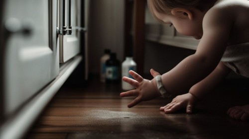 A young toddler on the floor of the kitchen or bathroom has found various cleaning and other chemicals in an unsecured cabinet at home
