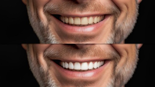 Middle-aged man showing his beautiful before and after teeth whitening smile