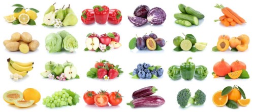 Fruit and Vegetable Fruits with Apple Orange Lemon Tomatoes as collage background cropped isolated in Stuttgart