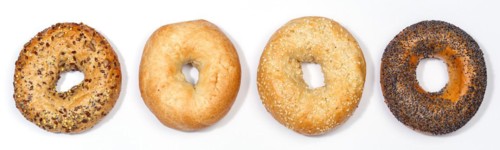 Different bagels sandwich for breakfast bagel from above cut out on white background in Stuttgart