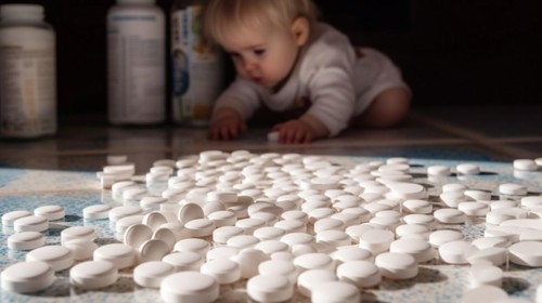 A young toddler has found some prescription pills at home