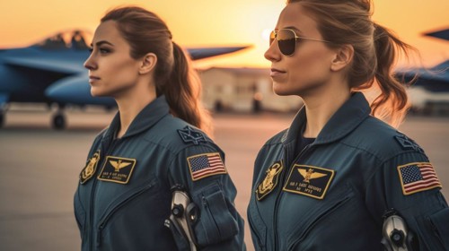 Two proud young adult female air force fighter pilots in front of their F-35 combat aircraft on the tarmac