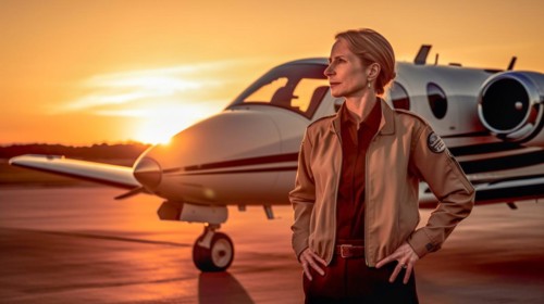 Proud young adult female airline pilot in front of her private executive jet on the tarmac