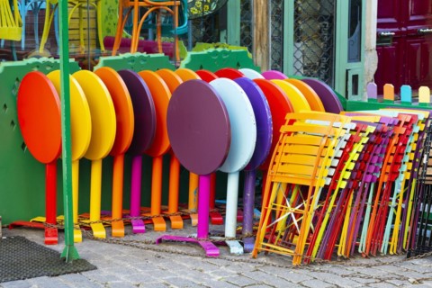 Colourful folding chairs and tables