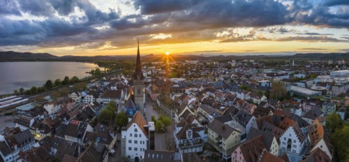 Aerial view of the town of Radolfzell on Lake Constance at sunset