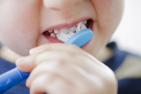 Symbolic photo on the subject of dental care for children. A boy brushes his teeth. Berlin
