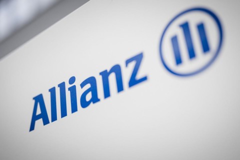 The Allianz company logo at their site in Berlin. 04.02.2022.