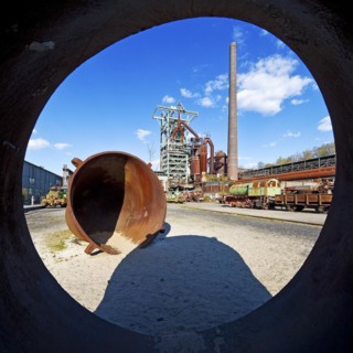 View from a slag ladle onto the blast furnace of the Henrichshuette