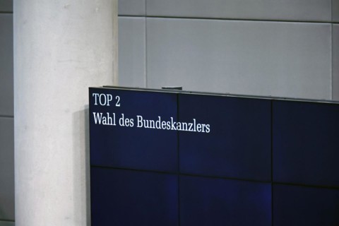 The display board in the Bundestag shows the words ' Election of the Federal Chancellor ' taken during the swearing-in ceremony of the new federal government in Berlin