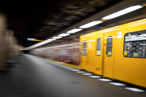 A BVG underground train enters Rohrdamm station in Siemensstadt in Berlin