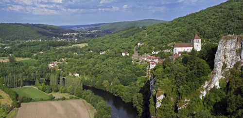 View over the Lot river valley and the medieval village Saint-Cirq-Lapopie