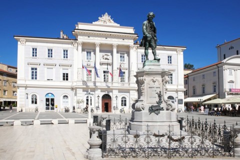 Guiseppe Tartini Square with monument in front of the Town Hall