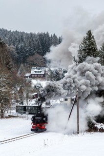 Pressnitztalbahn railway steam train Steam locomotive in winter in Schmalzgrube