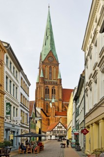 View of Schwerin Cathedral St. Marien and St. Johannis from an old town alley