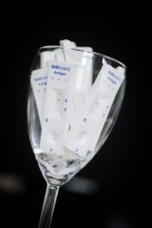 Negative SARS-CoV-2 Rapid Ag Antigen rapid tests are in a jar. Berlin