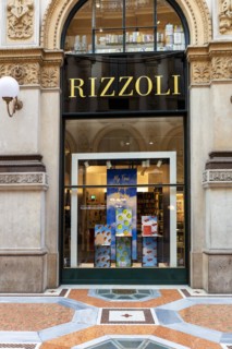 Shop window of the luxury shop Rizzoli in Galleria Vittorio Emanuele II