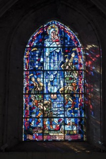 Stained glass window in the Sainte-Mere-Eglise Church depicting the landing of the paratroopers during World War Two in Normandy