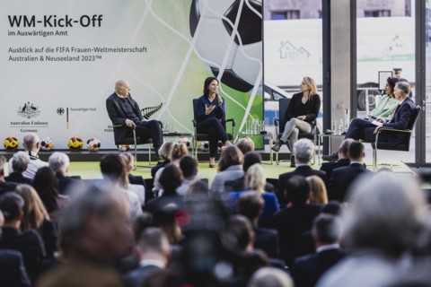 (L-R) Bernd Neuendorf, President of the DFB, Annalena Baerbock (Buendnis 90 Die Gruenen), Federal