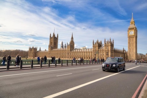 Westminster Bridge with Parliament Building on the banks of the Thames and Big Ben clock tower