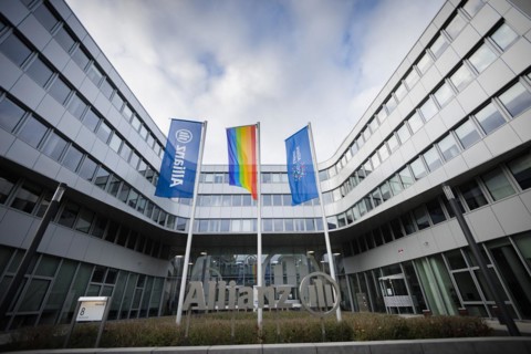 Flags of Allianz stand in front of their location in Berlin. 04.02.2022.