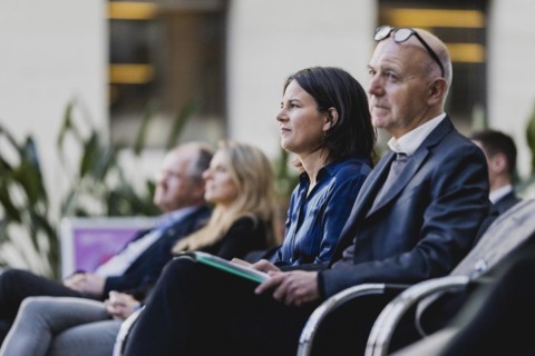 (R-L) Bernd Neuendorf, President of the German Football Association (DFB), and Annalena Baerbock