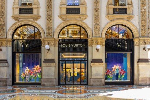 Shop window of the luxury shop LOUIS VUITTON at Galleria Vittorio Emanuele II