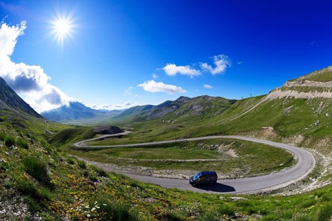 Motorhome driving on the Campo Imperatore pass road
