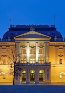 Illuminated Mecklenburg State Theatre in the evening