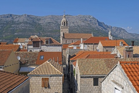 View over houses and the Cathedral of St. Mark in the Old Town Kor? ula on the island Kor? ula in the Adriatic Sea