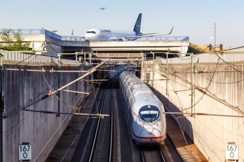 By train to the flight Airbus A320neo aircraft of Lufthansa and ICE of Deutsche Bahn at Frankfurt Airport