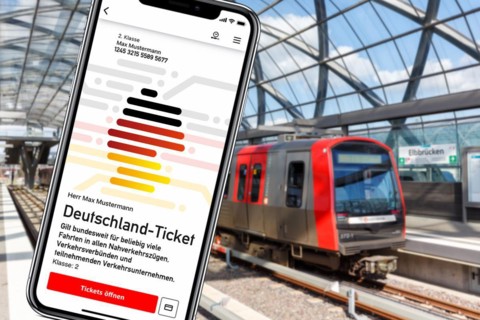 Germany ticket D-ticket or 49 euro ticket on a mobile phone with metro underground photo montage in Hamburg
