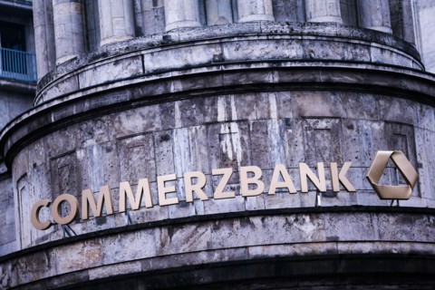A Commerzbank lettering is seen above the entrance of a branch in Duesseldorf